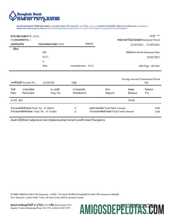 Modelo de extrato de conta bancária da Tailândia Bangkok para impressão em formato Word e PDF